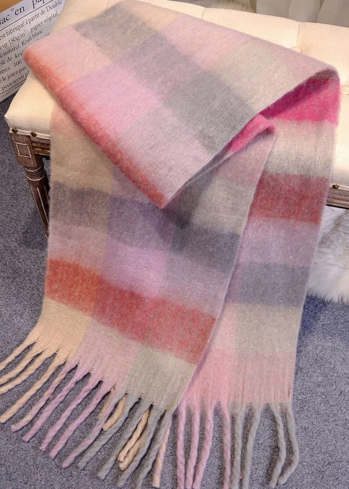 French Black Plaid Tasseled Patchwork Woolen Scarf - Image 2