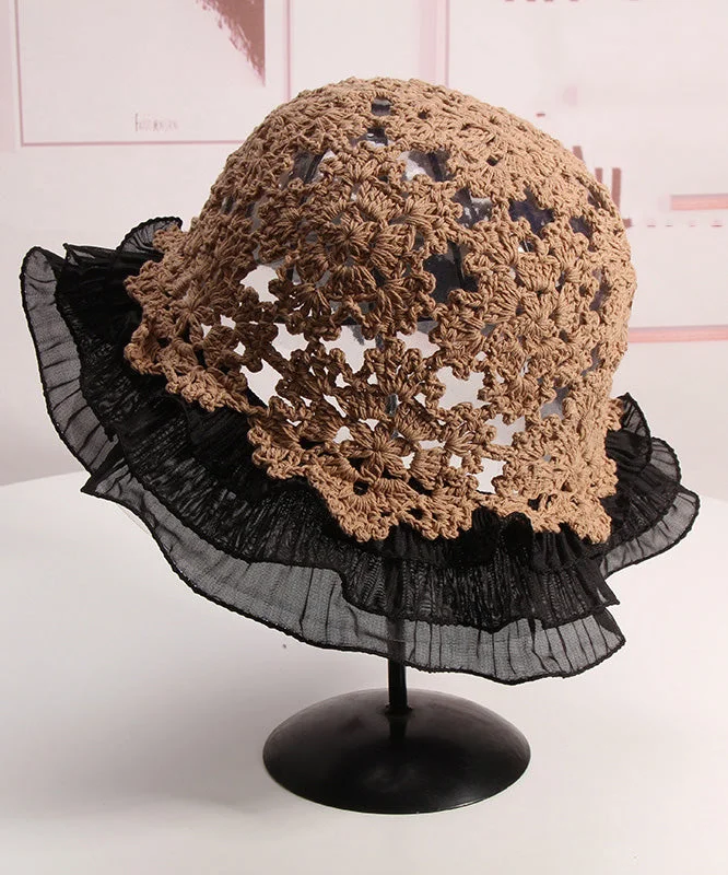 Women Khaki Ruffled Hollow Out Lace Patchwork Knit Bucket Hat - Image 2