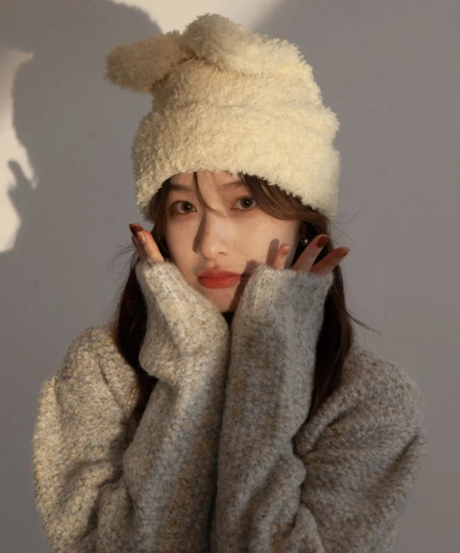 Modern White Rabbit Ears Warm Knit Bonnie Hat - Image 3