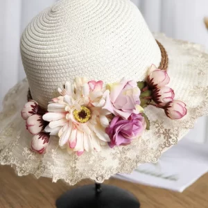 Unique Purple Lace Patchwork Straw Woven Floral Floppy Sun Hat