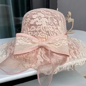 Elegant Beige Lace Patchwork Bow Hollow Out Floppy Sun Hat