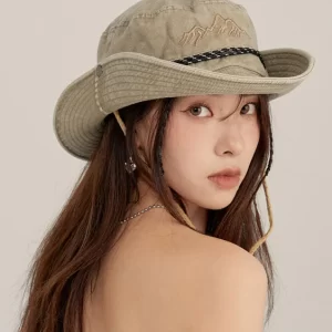 Fashion Khaki Print Patchwork Drawstring Denim Floppy Sun Hat