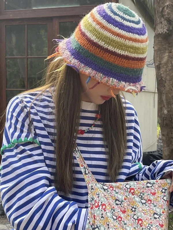 Fringed Striped Tasseled Bucket Hat - Image 12
