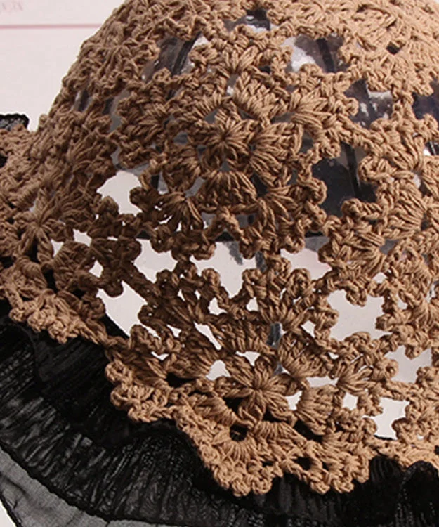 Women Khaki Ruffled Hollow Out Lace Patchwork Knit Bucket Hat - Image 5