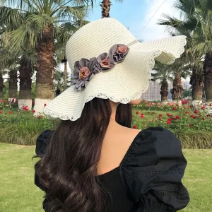 Handmade White Rose Straw Woven Floppy Sun Hat