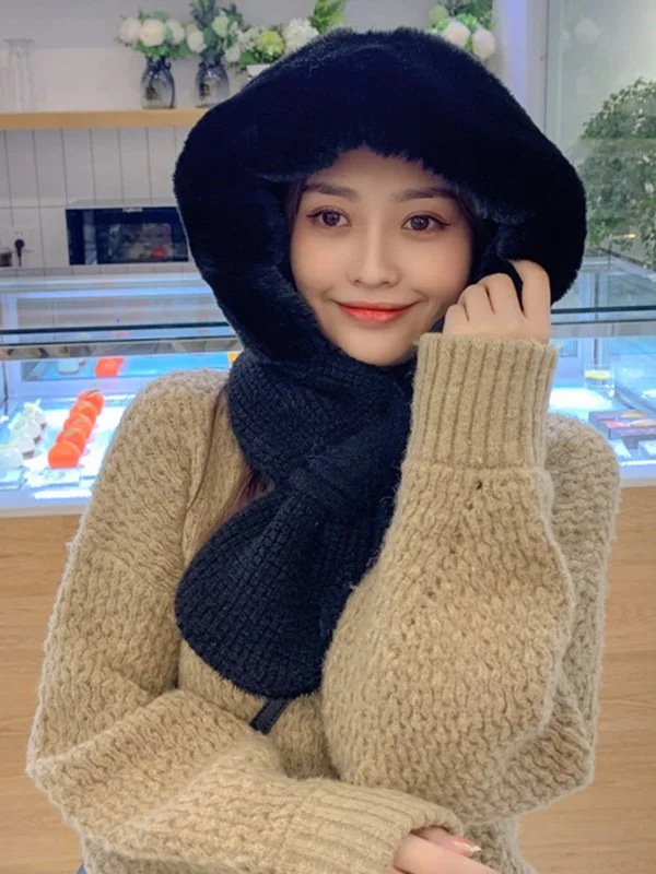 Casual Warm Solid Color With Scarf Knitted Hat - Image 2