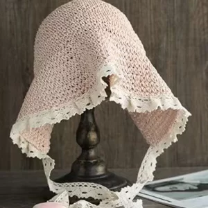 Women Beige Lace Patchwork Knit Blended Hollow Out Bucket Hat