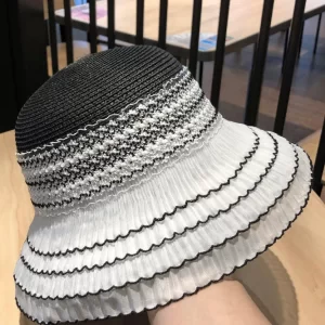 Fashion Khaki Striped Lace Patchwork Bucket Hat