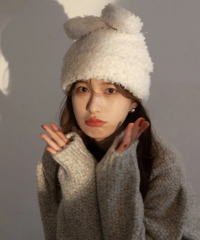Modern White Rabbit Ears Warm Knit Bonnie Hat - Image 2