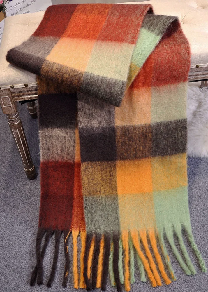 French Black Plaid Tasseled Patchwork Woolen Scarf - Image 3