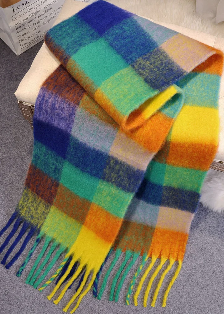 French Black Plaid Tasseled Patchwork Woolen Scarf - Image 5