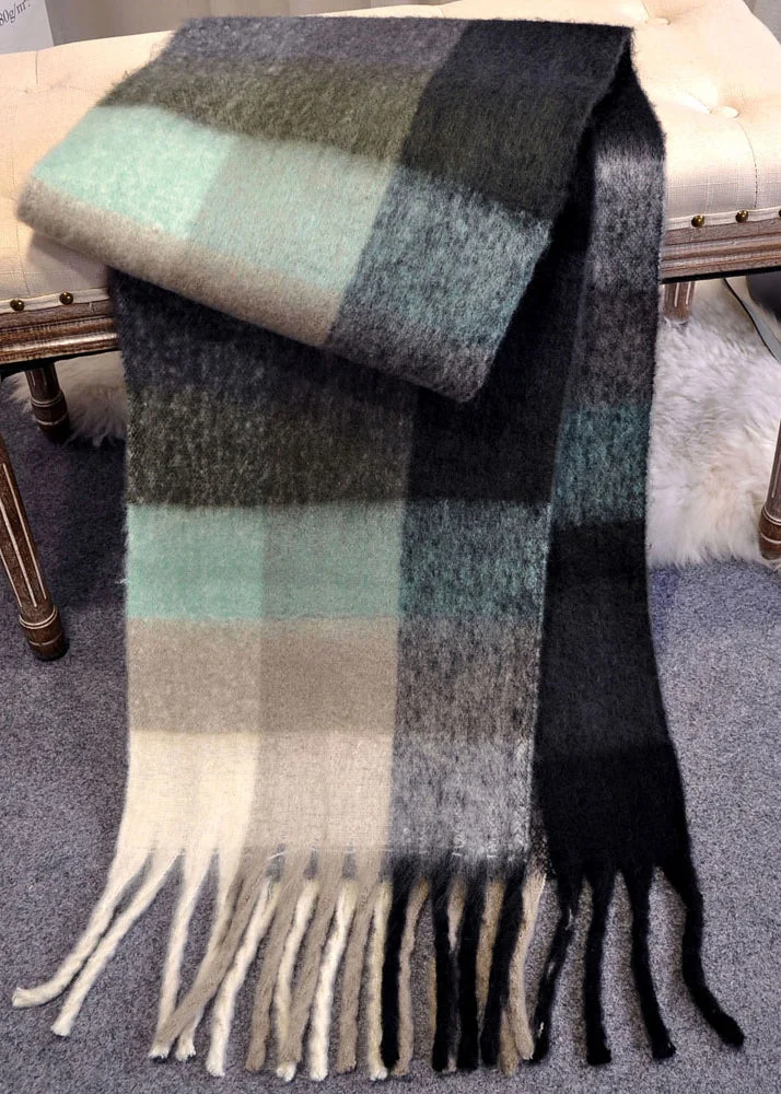 French Black Plaid Tasseled Patchwork Woolen Scarf - Image 4