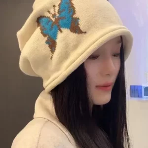 Fashion Beige Butterfly Embroidery Knit Bonnie Hat