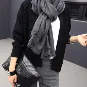Autumn And Winter Black Tasseled Soft Cotton Scarf