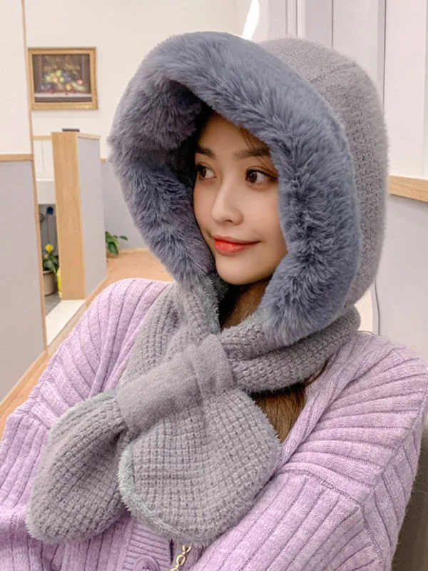 Casual Warm Solid Color With Scarf Knitted Hat - Image 4