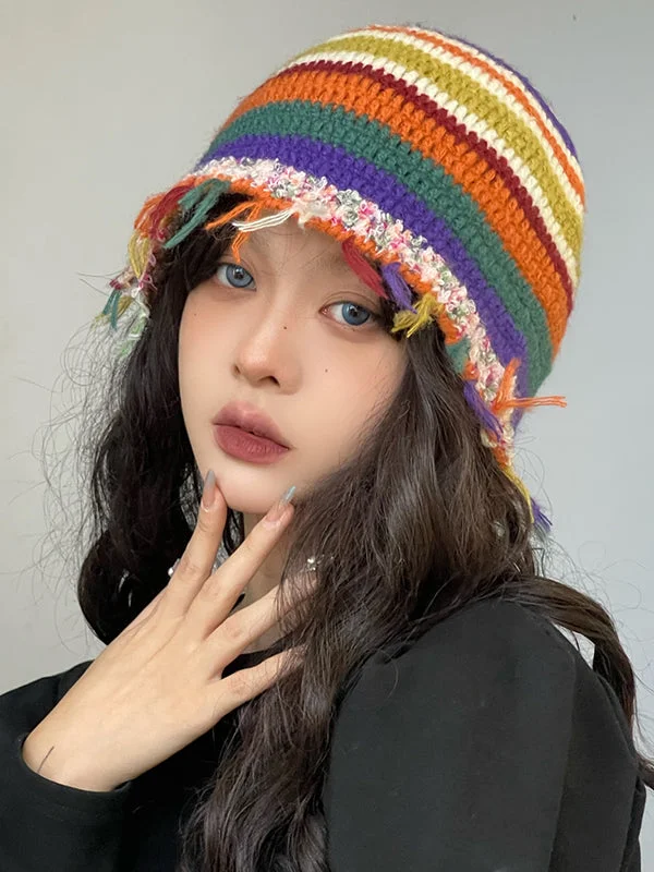 Fringed Striped Tasseled Bucket Hat - Image 13