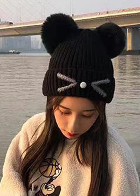 Cute Black Ear Warm Fleece Cotton Knit Bonnie Hat - Image 2