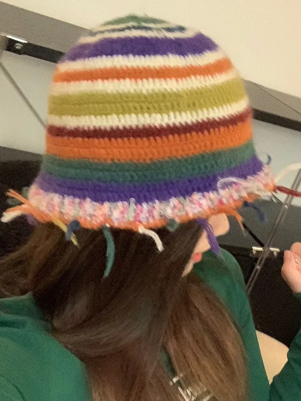 Fringed Striped Tasseled Bucket Hat - Image 2