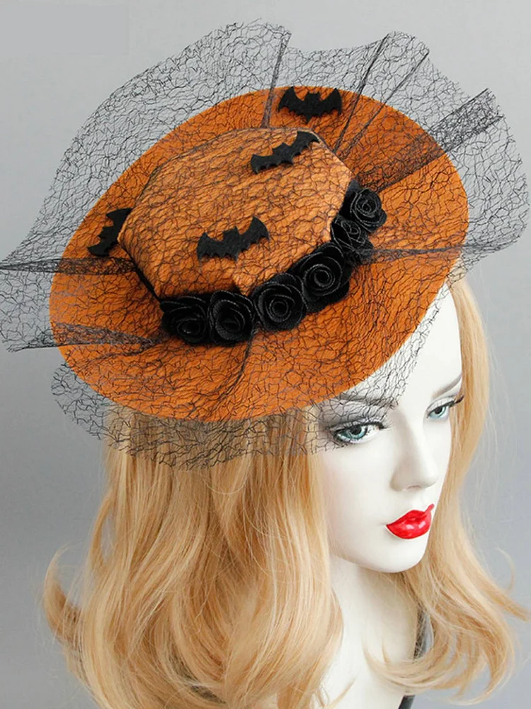 Orange Retro Halloween Lace Bat Hat - Image 2