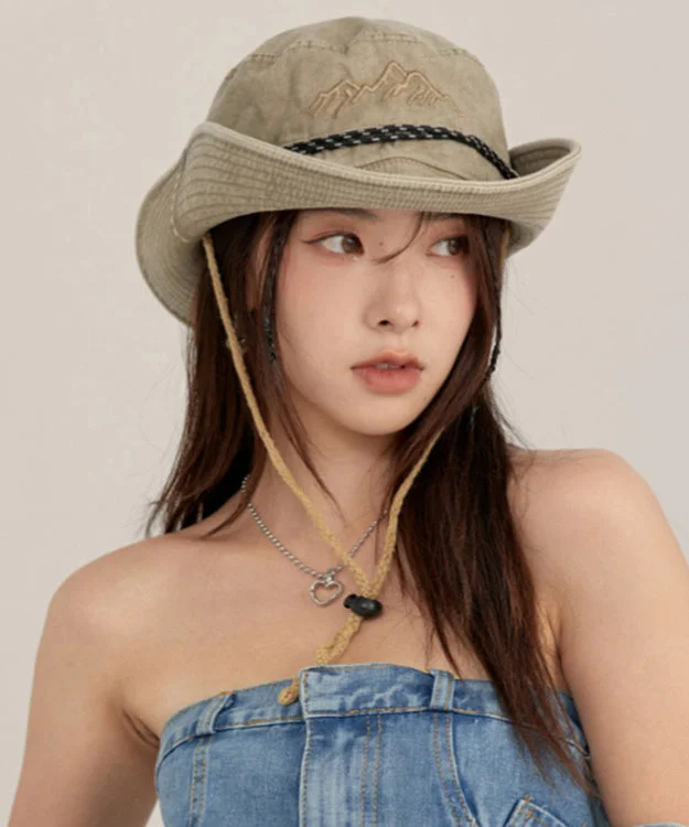 Fashion Khaki Print Patchwork Drawstring Denim Floppy Sun Hat - Image 3