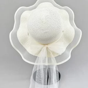 Chic White Tulle Patchwork Bow Straw Woven Floppy Sun Hat