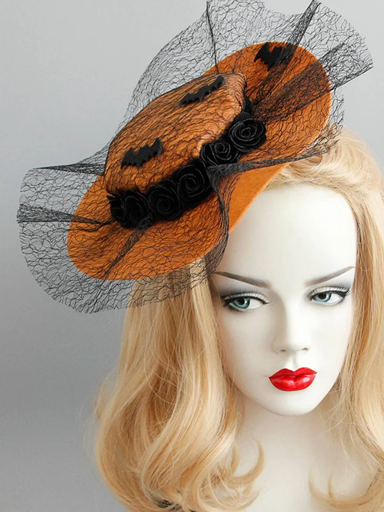 Orange Retro Halloween Lace Bat Hat - Image 4