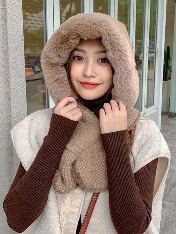 Casual Warm Solid Color With Scarf Knitted Hat - Image 5