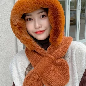 Casual Warm Solid Color With Scarf Knitted Hat