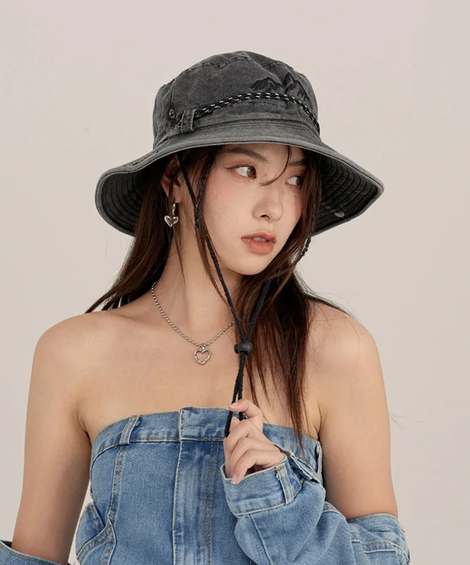 Fashion Khaki Print Patchwork Drawstring Denim Floppy Sun Hat - Image 4