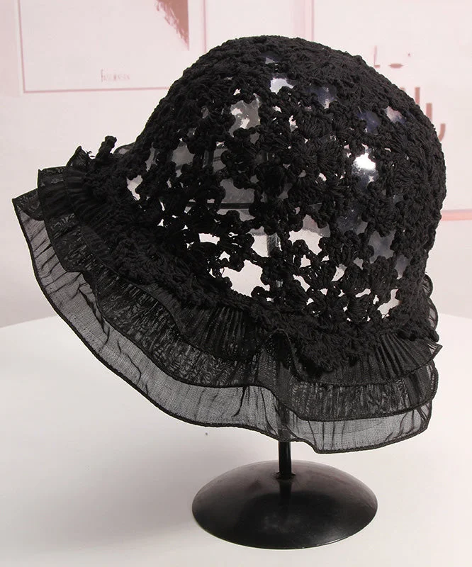 Women Khaki Ruffled Hollow Out Lace Patchwork Knit Bucket Hat - Image 3