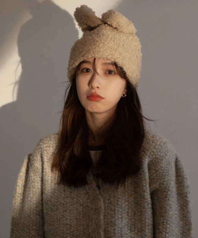 Modern White Rabbit Ears Warm Knit Bonnie Hat - Image 5