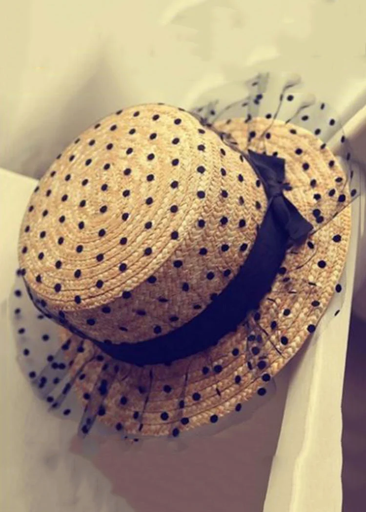 Casual Khaki Tulle Patchwork Dot Straw Woven Floppy Sun Hat - Image 2