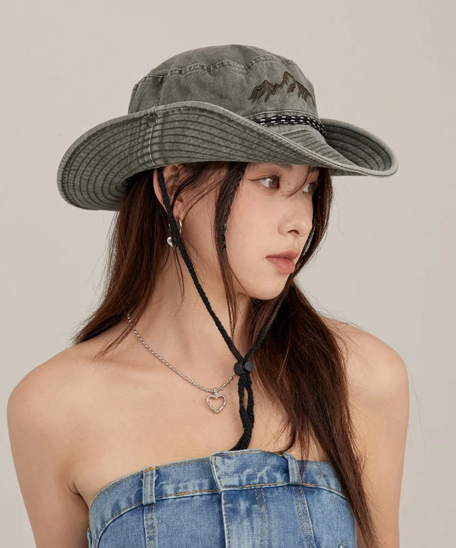 Fashion Khaki Print Patchwork Drawstring Denim Floppy Sun Hat - Image 5